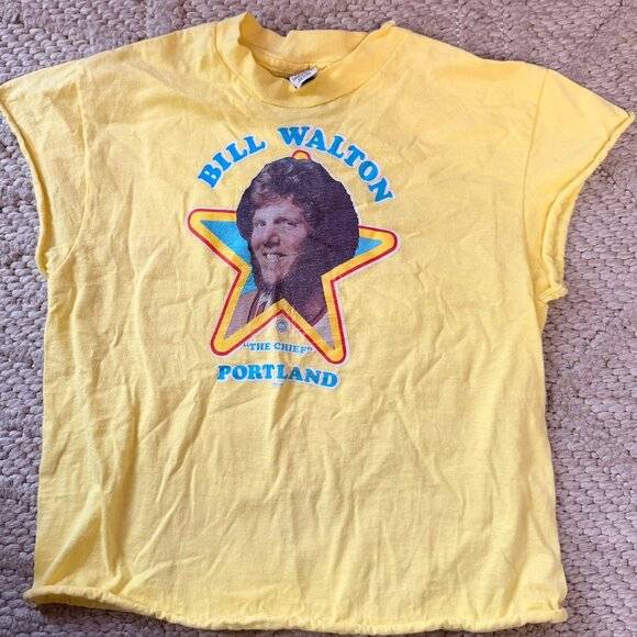 VTG 1970s Yellow cropped NBA Bill Walton Graphic Tee RARE Portland Trail Blazers - Picture 1 of 3